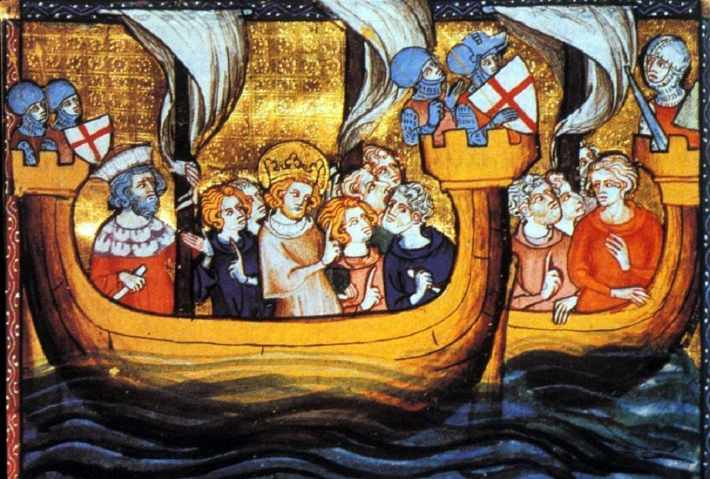 Rei Luís IX da França durante a sétima cruzada, iniciada em 1248. Contodo, ilustra bem o uso de barcos para chegar à Palestina e à Síria histórica.
